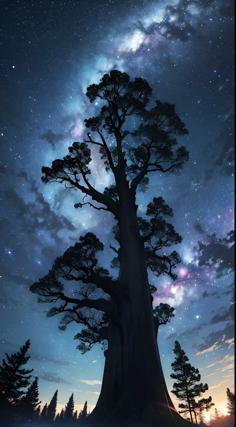 ​masterpiece、Background with（（starrysky、Meteor swarm、black hole））、Depth（（Huge fantastic tree、Its glowing.、城市））、Looking up