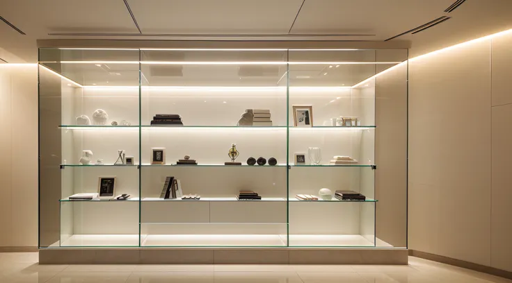 Create an image of a modern and luxurious glass display case for trophies without trophies, with multiple empty shelves. Highlight interior lighting with large LED lights, providing a minimalist and contemporary atmosphere. Certifique-se de incluir uma cai...