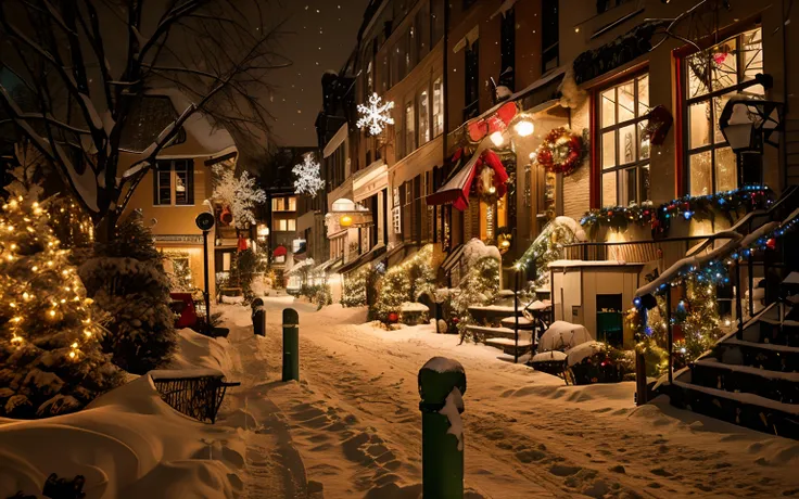 Snowy street with christmas lights and Christmas trees in the middle of the street, Snowy Winter Christmas Night, Quebec, Montreal, Warm street lights in front of the store, beautifully lit, Beautifully lit buildings, whimsical, Snowy Night, Cosy, Snowfall...