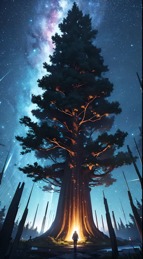 ​masterpiece、Background with（（starrysky、Meteor swarm、black hole））、Depth（（Huge fantastic tree、Its glowing.、plants、城市））、Looking up