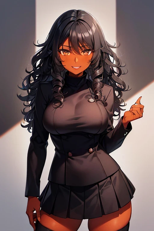 ((black woman with very dark brown skin)), ((curly hair)), medium hair, ((black hair)), ((shoulder length hair)), dark brown eyes , ((sweet smile)), cute, mysterious smile, ((medium breasts)), ((black power hair)), medium glutes, ((gakuran with orange deta...