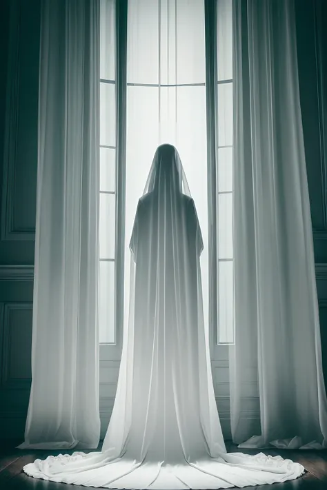 arafed woman in a white veil standing in a dark room, ghostly ghost, ghostly, ghostly figure, ghostly form, spiritual eerie creepy picture, spirits covered in drapery, cloaked woman, ghost, shrouded figure, halloween ghost under a sheet, pale young ghost g...