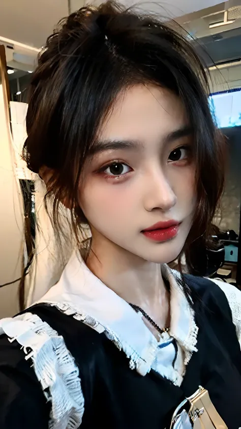 Slender Asian girl, Kpop Idol, ((Maid Uniform)), ((of the highest quality, 8K, masutepiece: 1.3)), Crisp focus: 1.2, Beautiful woman with perfect figure: 1.4, Highly detailed face and skin texture, Detailed eyes, ((skinny)), Beautiful face, Symmetrical fac...