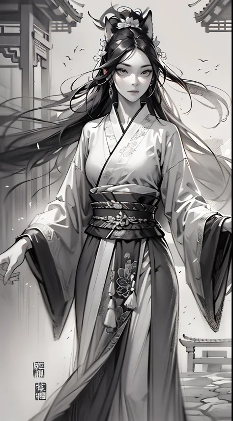 sketching，pencil drawing，Pencil strokes，Fox-eared maiden，Pavilions，Fairy air fluttering，Chinese ancient style，Wide robe，Black and white picture，Black and white art，Black and white illustration，super-fine，Hair is carefully described，The eyes are carefully d...