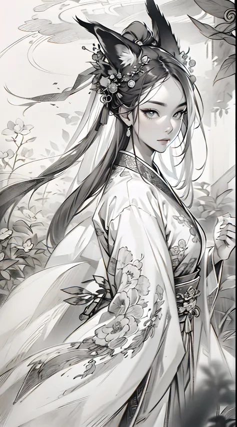 Sketch intensification，pencil drawing，Pencil strokes are strengthened，Fox-eared maiden，Pavilions，Fairy air fluttering，Chinese ancient style，Wide robe，Black and white picture，Black and white art，Black and white illustration，super-fine，Hair is carefully desc...