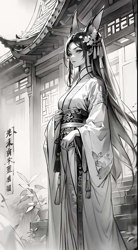 Sketch intensification，pencil drawing，Pencil strokes are strengthened，Fox-eared maiden，Pavilions，Fairy air fluttering，Chinese ancient style，Wide robe，Black and white picture，Black and white art，Black and white illustration，super-fine，Hair is carefully desc...