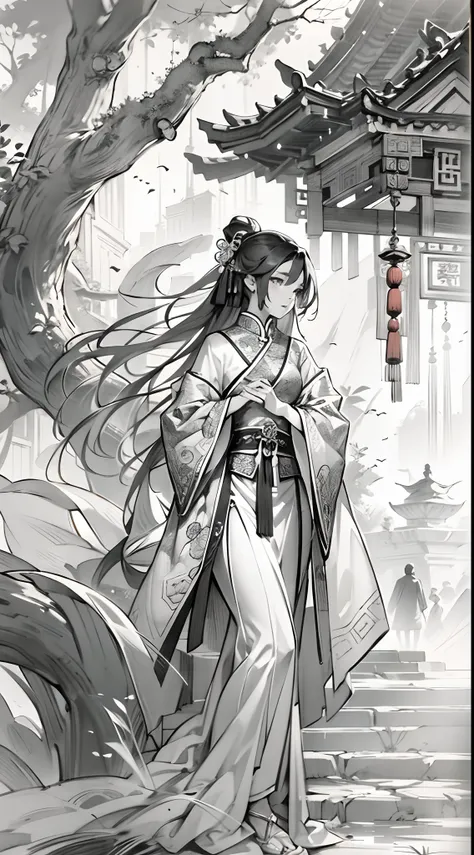 Sketch reinforcement，pencil drawing，Intensify pencil strokes，Fox-eared maiden，Pavilions，Fairy air fluttering，Chinese ancient style，Wide robe，Black and white picture，Black and white art，Black and white illustration，super-fine，Hair is carefully described，The...