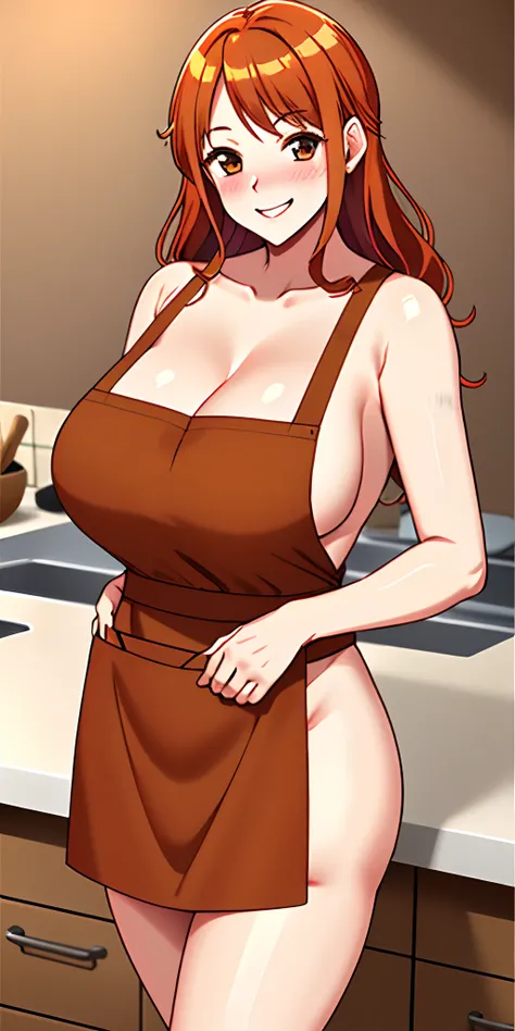 1girl, 独奏, brown-haired, mature woman, Big breasts, thighs, tall, (NAKED:1.2), apron, Smileing, (Blushing:1.1), kitchen, Nami, orange hair, brown eyes, big, ass, wearing only a bib, no inner diamonds