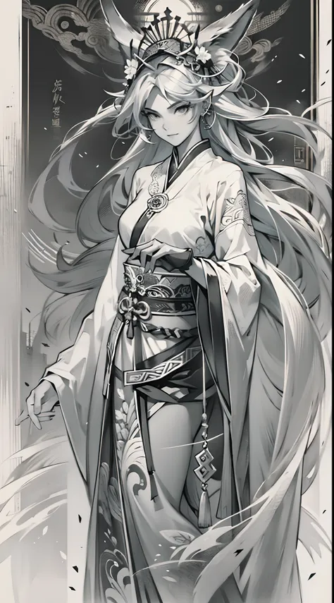 Sketch reinforcement，pencil drawing，Intensify pencil strokes，Fox-eared maiden，Pavilions，Fairy air fluttering，Chinese ancient style，Wide robe，Black and white picture，Black and white art，Black and white illustration，super-fine，Hair is carefully described，The...