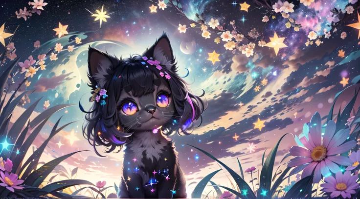 独奏, Cute black kitty girl, looking at the stars, letho, The moon is shining, the night, Glitter Iridescent Iridescent Iridescent, Cute big sparkling eyes, Black Spout, Masterpiece, ultradetail, Full HD, a starry sky, radiance, Flowers, Summer Warmth