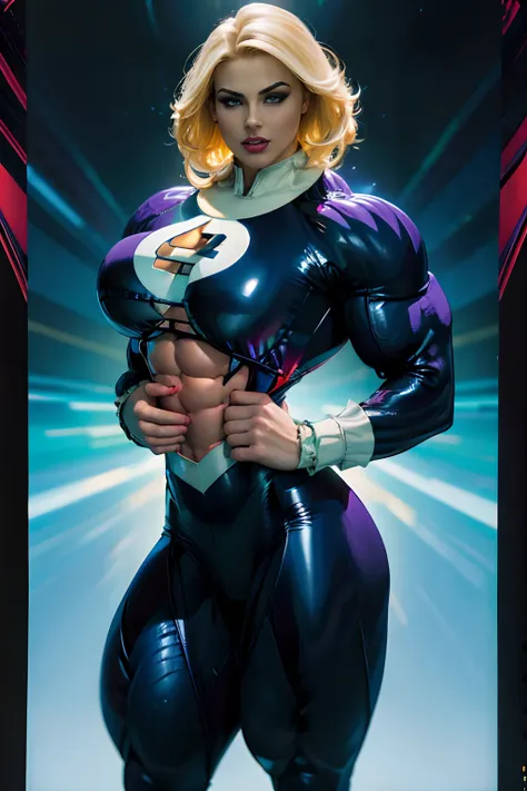 straight-on,upper-body,looking a viewer, BREAK,, yellow hair strokes,lipstick,blue eyes,makeup,lips,large breasts,,Bodysuit,,superhero,Blue bodysuit,cleavage,skin tight,,latex,glittering,center opening, , official arts,extremely detailed CG unity 8k wallpa...