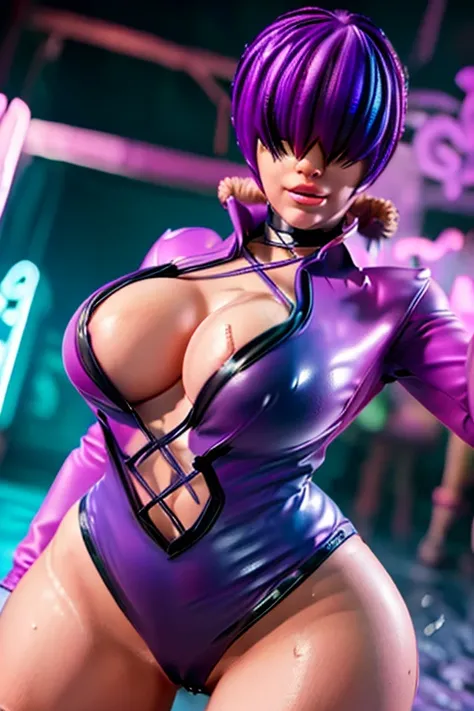 (night),in a video game scene with a neon background and a neon light, Standing at attention, pink outfit,pink jacket,choker, cleavage cutout, clothing cutout, earrings, purple hair,bangs,((hair over eyes)), 1 girl, 20yo,Young female,Beautiful Finger,Beaut...