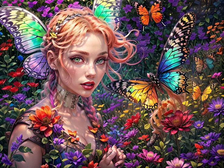 fantasy art, RPG art, picture of a  (butterfly anthromorphic: 1.5  resting in a rainbow colored flower meadow, full body, an exquisite beautiful (ultra detailed, Masterpiece, best quality: 1.4) butterfly anthromorphic: 1.5, dynamic angle (best detailed, Ma...