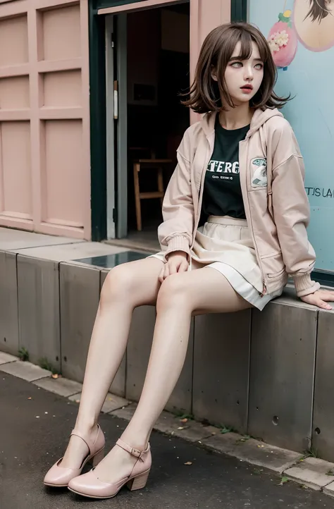 Chiaki nanami en un centro comercial con ropa informal, Pelo corto rosa, ojos rosados, flequillo, Chaqueta con capucha verde azulado, Falda beige, Horquilla, air particles, 20 yrs old girl, , Blusa verde oliva, vaqueros, high-heeled shoes, bolso de mano ro...