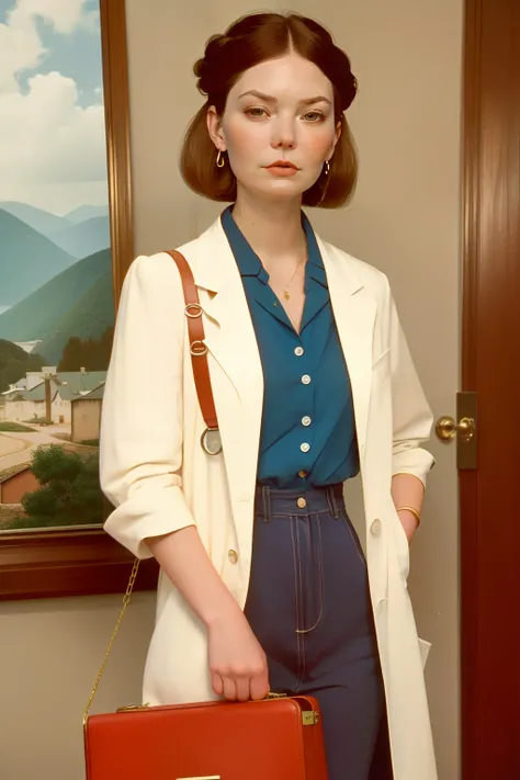 1995, massachusetts mountain village. Pre-raphaelite ((((40-year-old)) Kirsten Dunst)), doctor, going to work, ((((casual Clothing from the 1990s)))) ((Hairstyle of the 1990s)), ((Wes Anderson cinematic style)), colorful