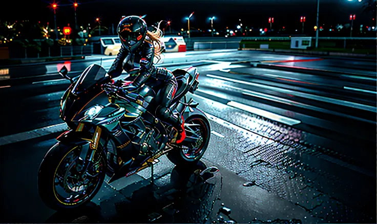 Motorcyclist moving on wet road at night with city lights, Motocicletas, MULHER SEXY, Kawasaki, motociclista, pilotando uma motocicleta, excesso de velocidade em motocicleta, mulher pilotando uma motocicleta,  dramatic cinematic action shot, Cinematic Shot...