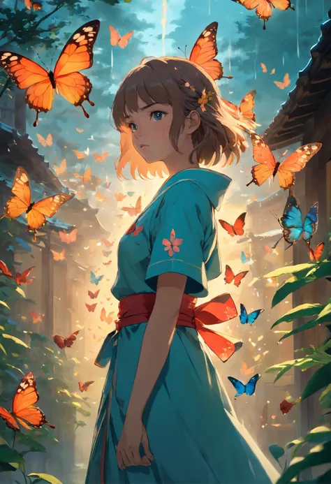 Rain of butterflies ((32k UHD high detail, 16k cinematic art)) studio photo, 1.15, "Create a dreamy and surreal photograph featuring a female samurai, set within a tranquil courtyard. The composition should be a medium long shot, capturing the essence of t...