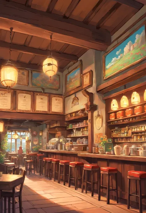 Cafe, interior background art, a tavern, game art, in cafe, (a low angle shot), ((a dutch angle shot)),