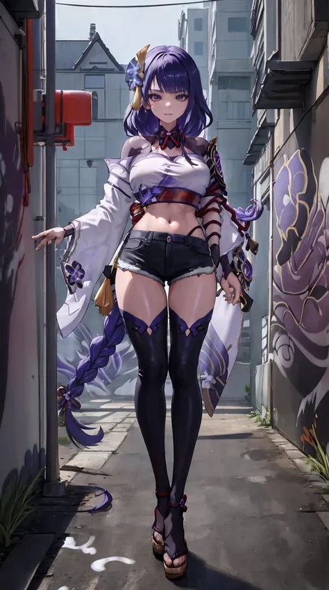 Raiden Shogun Genshin Effects Effects, master-piece, bestquality, 1girls, bara, crop top, Black long sleeve coat, shorts jeans, choker, (Graffiti:1.5), color splashes, arm behind back, against wall, looking at the audience, bracelet, Thigh strap, Head tilt...