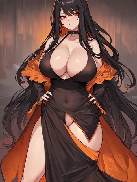 Masterpiece, best quality, 1 girl, long hair, big bust, ((Black Hair), ((long hair)), Black Dress, Sexy, Sensual, ((Orange and Red Eyes)), Serious, emotionless, adult woman, seductive, hands on hips, ((chubby body)), ((Nice Thighs, Huge Boobs, Huge Breasts...