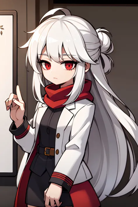 high quality, 1 girl, long hair, white hair, red eyes, white jacket, black skirt, red scarf, hands holding white small white board, standing