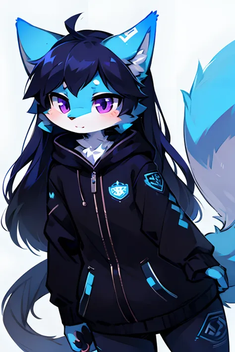 1 girl, anthropomorphic fox, antro, raposa, pele azul, boddy azul, detalhes em branco, purple eyes, e621, pano preto, orelhas pr...