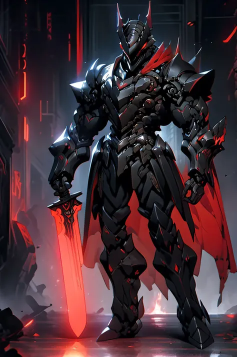 arafed knight standing in a dark room with a sword, burnt armor, black fire color reflected armor, steampunk bioarmor, redwood forest themed armor, demonic dragon inspired armor, corrupted armor, gothic armor, black and reddish color armor, cyberpunk flame...