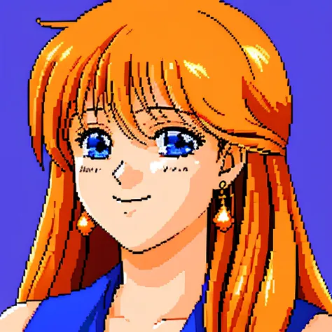 dithering,  pixel art,  halftone, pattern,  female, orange hair, blue eyes, smile, portrait, upper body, heart earrings, sleevel...