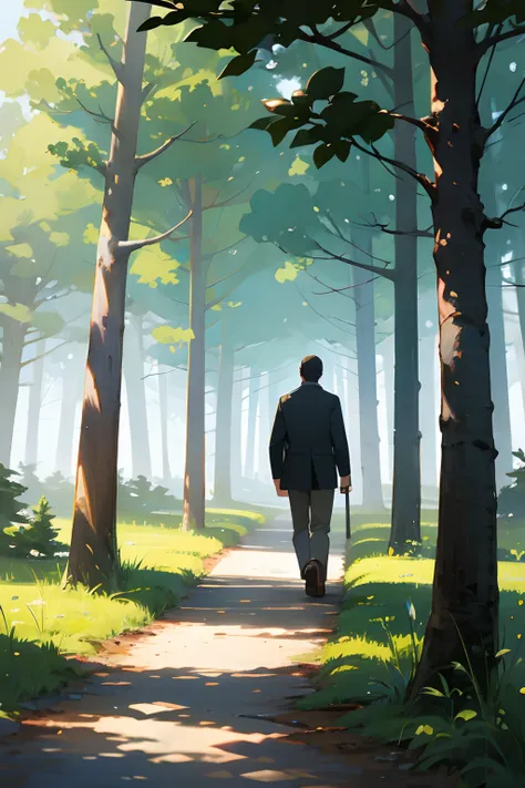 a man walking in a beautefull forrest