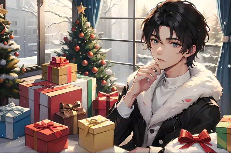 Handsome black anime man near a christmas tree and lots of presents, snowing outside the window