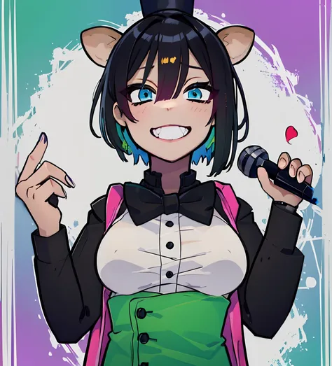 anime female short green hair pink eyes wearing a freddy fazbear cosplay costume looking front very crazy looking no background