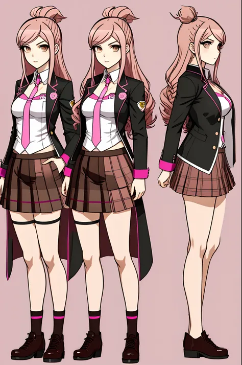 danganronpa sprite art style, a 18 year old girl, with pink hair,long hair,brown eyes ,shows full body, character design sheet