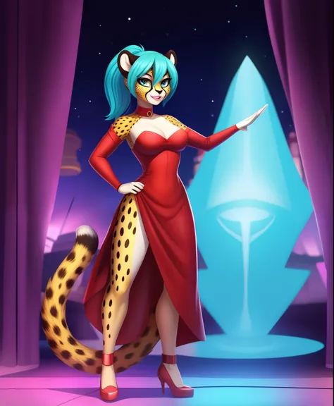 Genie of the Future the female cheetah supervillain, cyan bun hair, genie dress, full body view