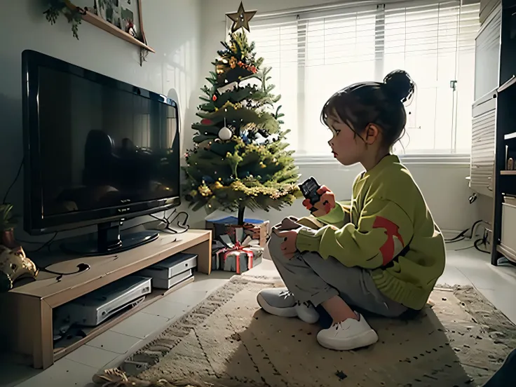 A room with a Christmas tree, gifts, and a child sitting and playing video game on an old TV