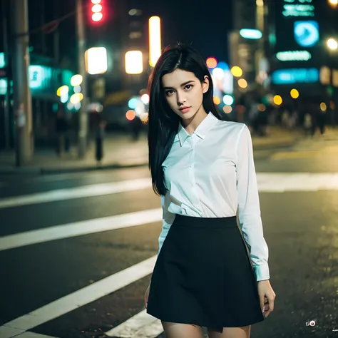 ((Realistic lighting, Best quality, 8K, Masterpiece: 1.3)), Focus: 1.2, 1girl, Perfect Figure: 1.4, Slim Abs: 1.1, ((straight black hair)), (white shirt: 1.4), black skirt, (Outdoor, Night: 1.1), city streets, neon lights, Super fine face, Fine eyes, emera...