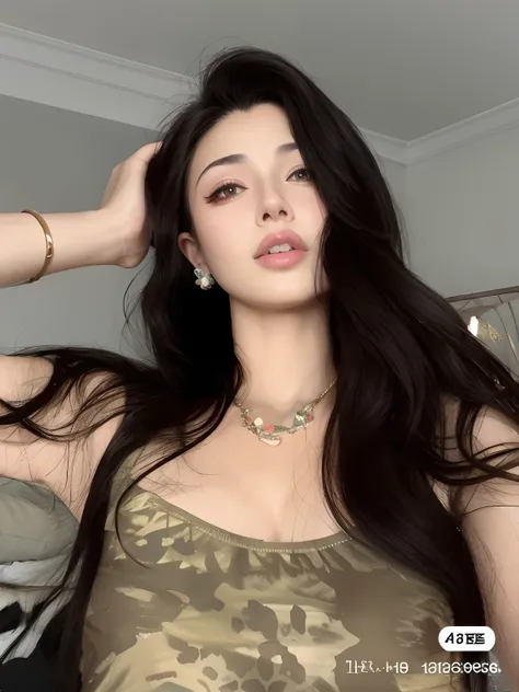 araffe woman with long black hair and a necklace around her neck, modelo do instagram, 18 anos, poarch bonito, 2 modelo feminina...