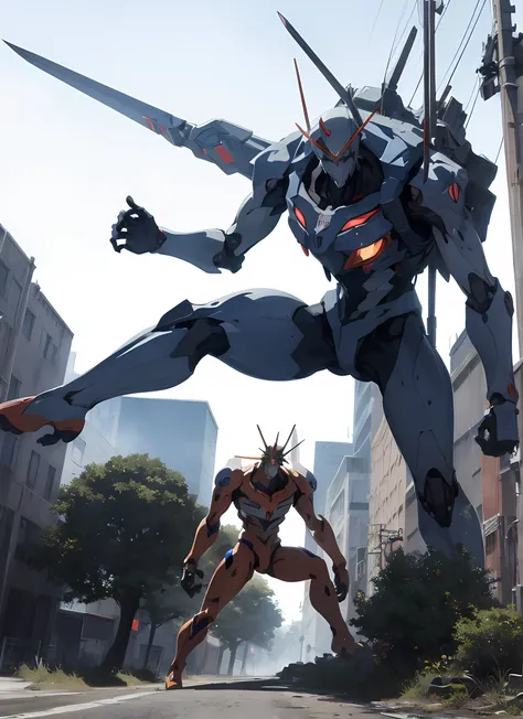 Cartoon of a giant robot with a sword in his hand, Evangelion concept art, Evangelions Beast Mode, absurdres, high res, ultrasharp, 8K, masterpiece