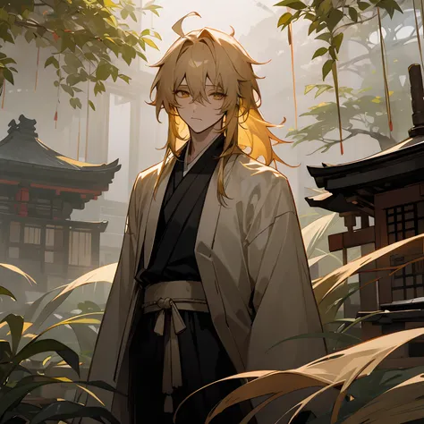 1male , Young Male , Messy Golden Hair , Golden eyes , white and Golden Haori and a black shirt underneath with black plants , standing on top of an old Japanese temple