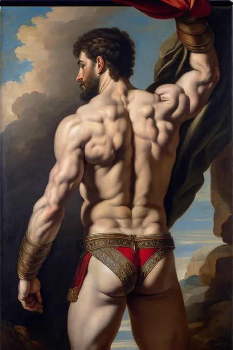 oil painting, style of Peter Paul Rubens, a Male gladiator, chest, abs, slim waist, no clothes, ((Briefs, big bulge)), peen, renaissance style, perfect composition, canvas texture, back view