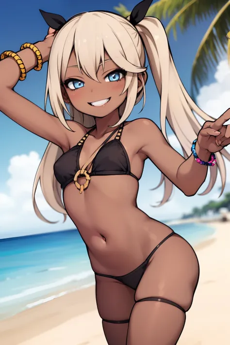 Young girl, gyaru, blond hair, black skin, tanned skin, nude, nakes, in a beach, smiling, blue eyes, ahegao, looking at viewer, detailes face, real black skin, sexy girl, tiny girl, 4k