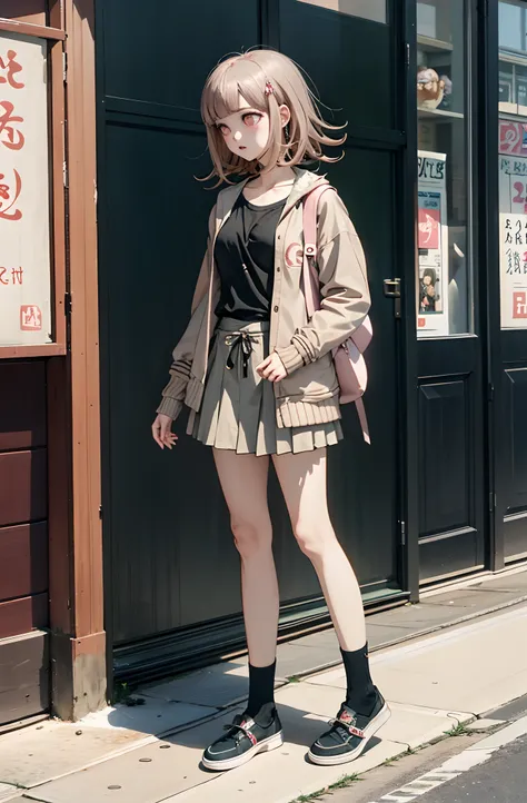 Chiaki nanami en un centro comercial con ropa informal, Pelo corto rosa, ojos rosados, flequillo, Chaqueta con capucha verde azulado, Falda beige, Horquilla, air particles, 20 yrs old girl, , Blusa verde oliva, vaqueros, high-heeled shoes, bolso de mano ro...