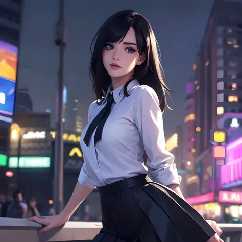 ((Realistic lighting, Best quality, 8K, Masterpiece: 1.3)), Focus: 1.2, 1girl, Perfect Figure: 1.4, Slim Abs: 1.1, ((straight black hair)), (white shirt: 1.4), black skirt, (Outdoor, Night: 1.1), city streets, neon lights, Super fine face, Fine eyes, emera...