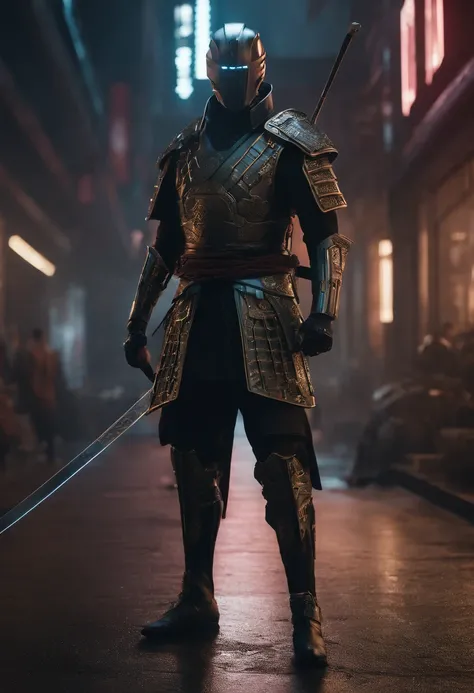 Envision a cyberpunk world where a majestic samurai, adorned in futuristic armor, stands as a symbol of both tradition and advanced technology. Zoom in on micro-details to capture the intricate craftsmanship of the cyberpunk samurais attire, blending tradi...