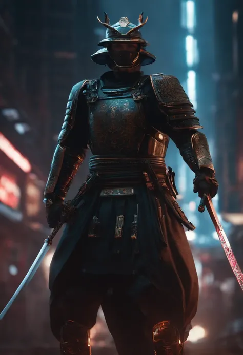 Envision a cyberpunk world where a majestic samurai, adorned in futuristic armor, stands as a symbol of both tradition and advanced technology. Zoom in on micro-details to capture the intricate craftsmanship of the cyberpunk samurais attire, blending tradi...