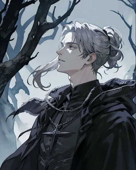 1male, medieval fantasy,, beautiful, depressed, grey hair, black eyes, detailed eyes, (black cloak, dark sorcerer, rogue mage, black magic), alone in a dark forest, medieval fantasy, close up