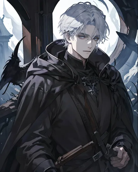 1male, medieval fantasy,, beautiful, depressed, silver hair, black eyes, detailed eyes, black cloak, (dark sorcerer, rogue mage,...