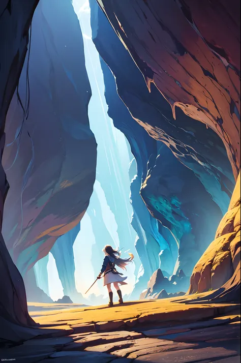 a background with a magical cave full of minerals and 1 a person exploring