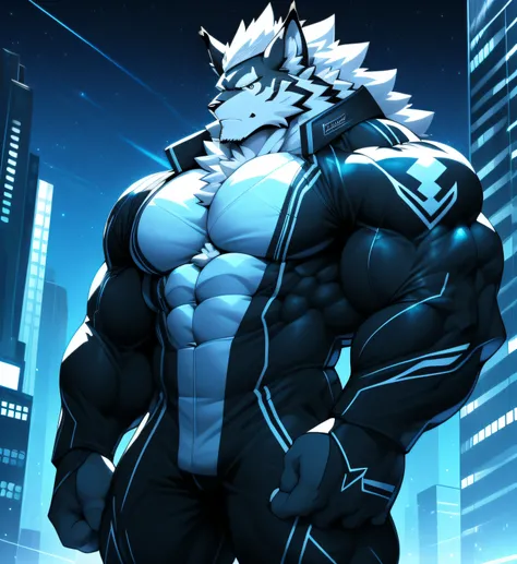 City background, skyscraper, futuristic city, night, stars, night lights, Leomon Gigachad, Superhero, hero, bodysuit, massive muscles, huge pecs, chiseled ABS, huge pecs, exaggeratedly huge muscles. A furry hero whose presence inspires trust and respect. (...