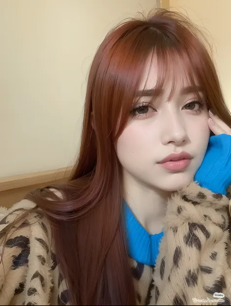 Arrogant woman with long red hair and blue sweater talking on a mobile phone, franja marrom, Ulzzang, cabelo castanho com franja, cabelos castanhos e franja, cabelo longo castanho com franja, cabelo arrumado com franja, Lalisa Manobal, com franja, franja c...