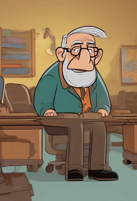 a pixar-style cartoon character, a 60-year-old man, very thin, with gray and bald hair, a beard all over his face, inside a school board office in the UP ALTAS AVENTURAS style